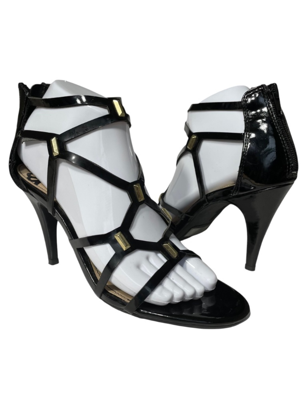 Whimsigoth Strappy Studded Heels 7.5 Black High Heeled Sandals Pumps Gold